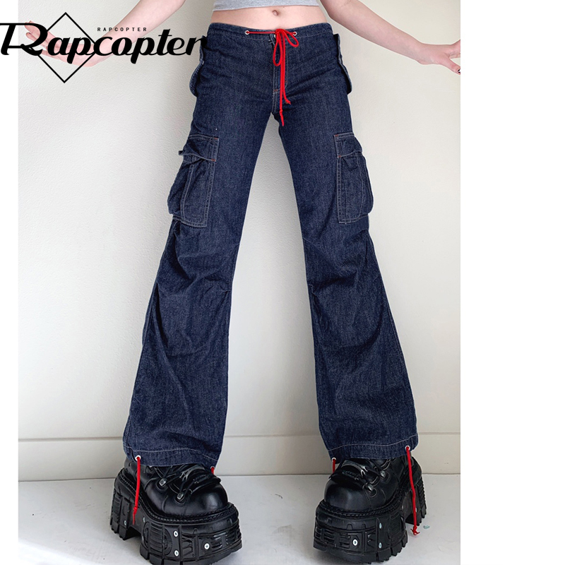 Rapcopter y2k 넥타이 귀여운 카고 청바지 Vintage Baggy Bow Prepply Trousers Women 블루 빈티지 캐주얼 하라주쿠 스웨트 팬츠 90s Korea